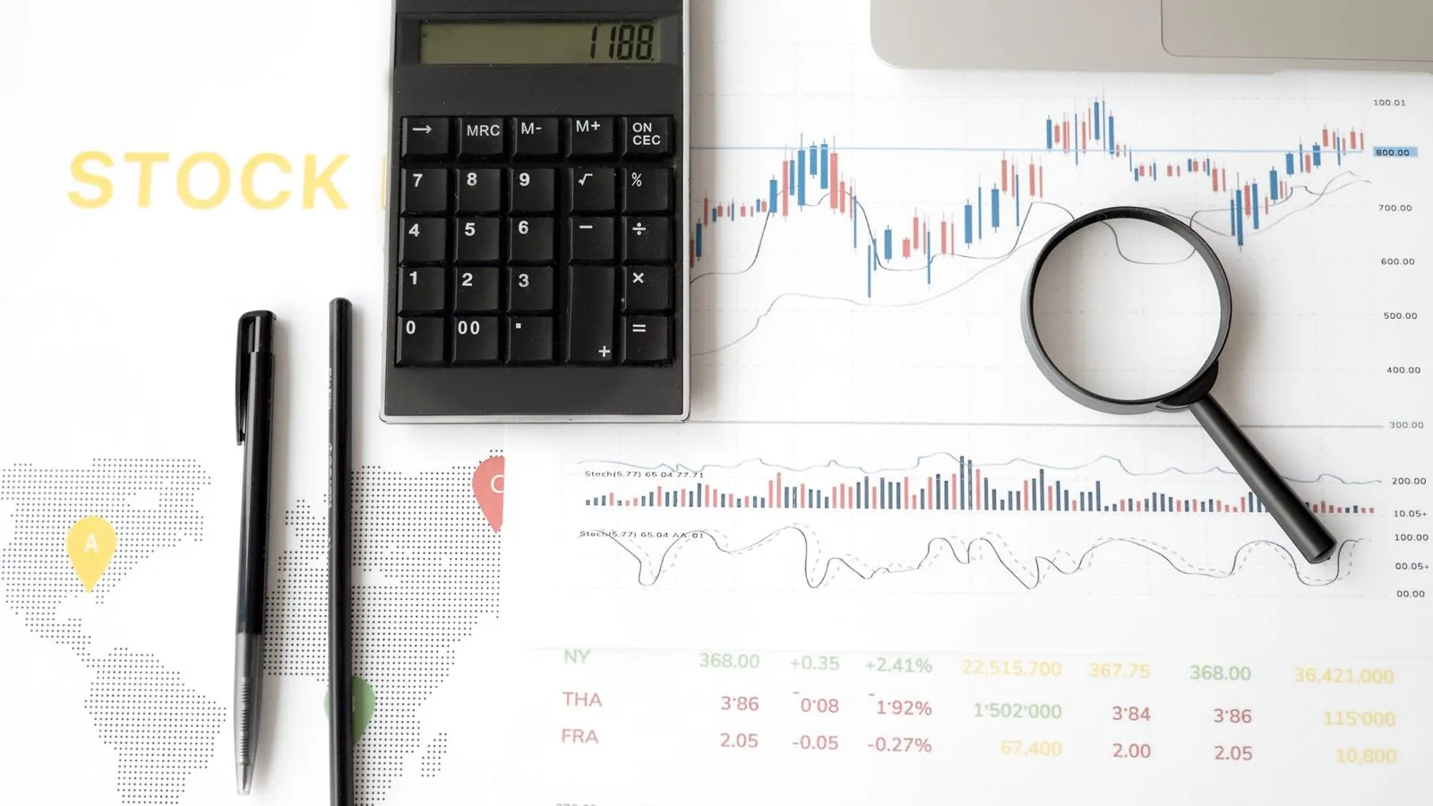 Gráficos financeiros, calculadora e lupa sobre a mesa